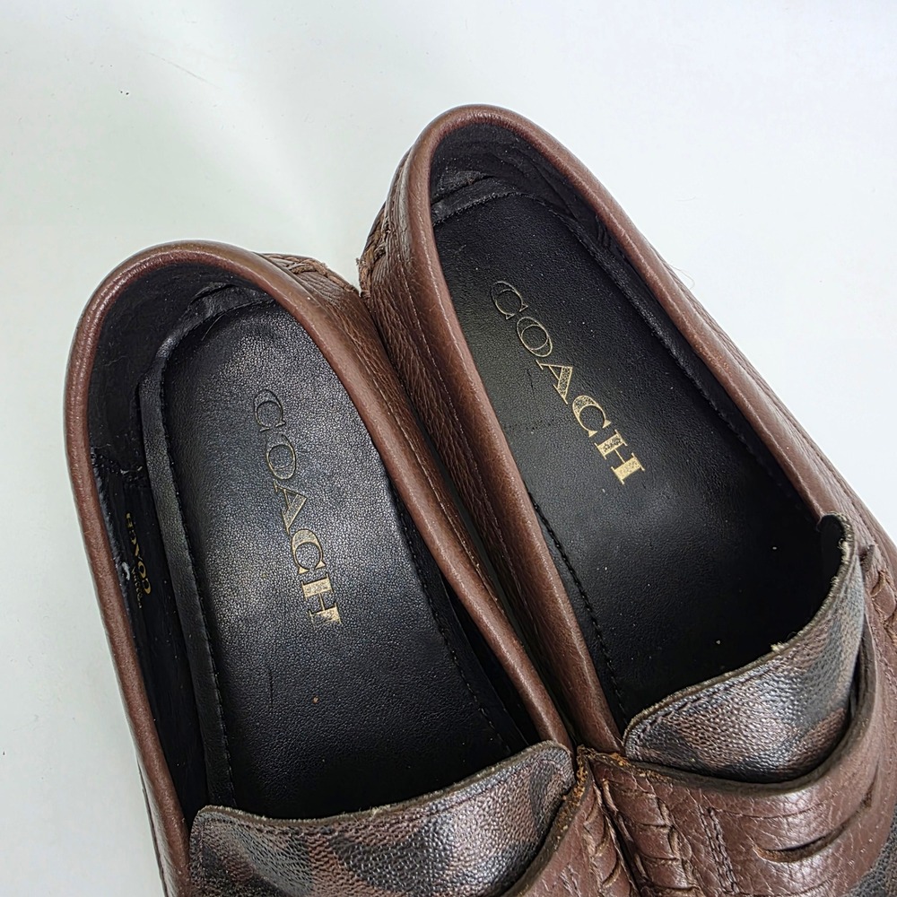 Coach Mens Signature Canvas Pebble Leather Penny Loafers Brown Driving Mocs 8D - Picture 3 of 11